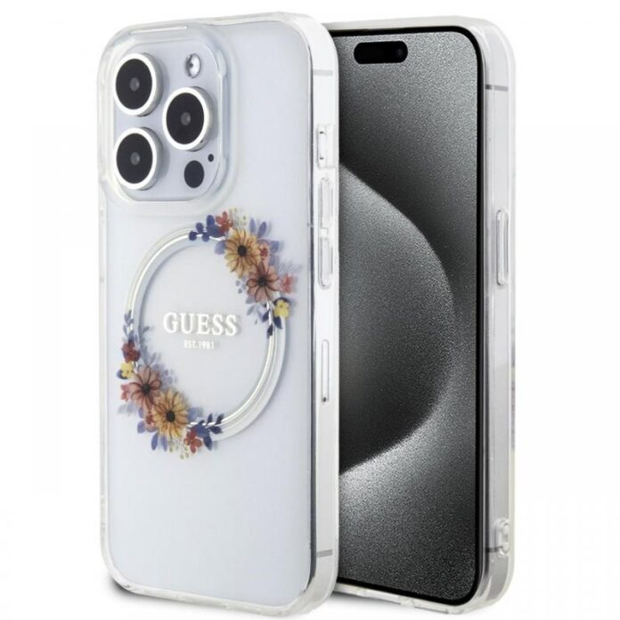 Guess Husa Flowers Ring Logo Glossy MagSafe iPhone 15 Pro Negru Guess Husa Flowers Ring Logo Glossy MagSafe iPhone 15 Pro Negru