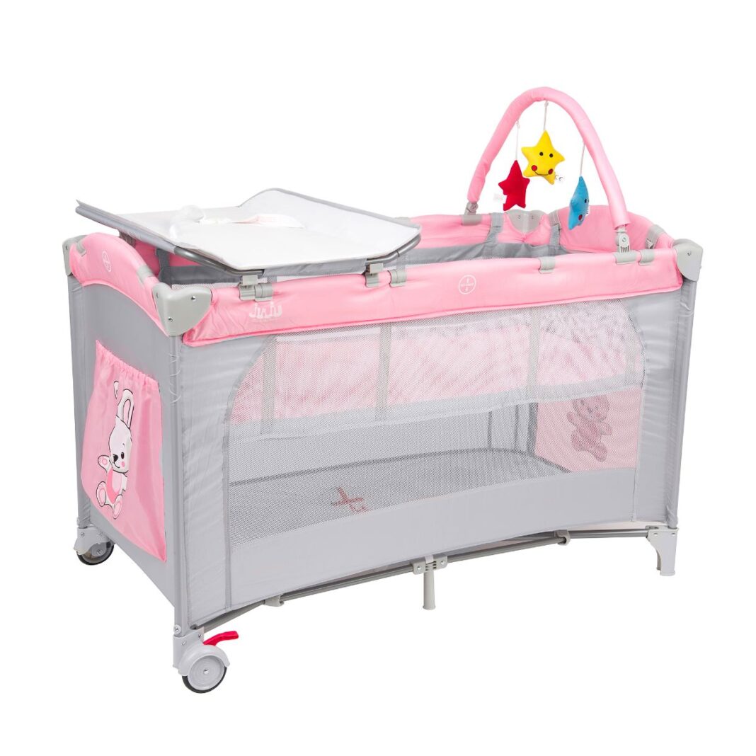 Patut pliant Juju Sleepy Baby JU7970-Hunny-Bunny, 2 nivele (Gri/Roz)