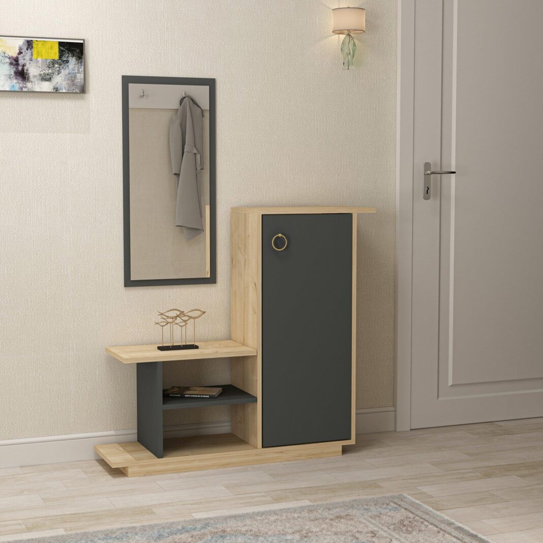Cuier cu pantofar Asya cu Oglinda, Stejar, 80 x 90 x 30 cm Cuier cu pantofar Asya cu Oglinda, Stejar, 80 x 90 x 30 cm