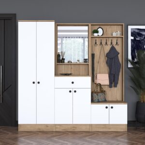 Cuier cu pantofar Mykonos, Alb - Nuc, 179 x 183 x 36 cm Cuier cu pantofar Mykonos, Alb - Nuc, 179 x 183 x 36 cm