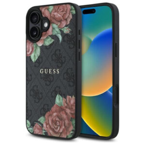 Husa MagSafe pentru Apple iPhone 16, Guess, 4G Flowers Print, Neagra Husa MagSafe pentru Apple iPhone 16, Guess, 4G Flowers Print, Neagra