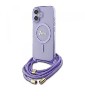 Husa MagSafe pentru Apple iPhone 16, Guess, IML Crossbody Cord Script, Mov Husa MagSafe pentru Apple iPhone 16, Guess, IML Crossbody Cord Script, Mov