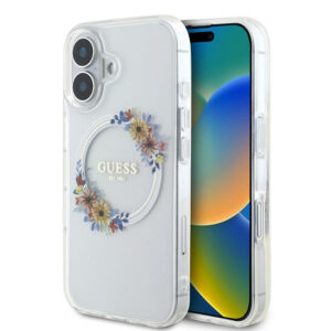 Husa MagSafe pentru Apple iPhone 16, Guess, IML Flowers Wreath, Transparenta Husa MagSafe pentru Apple iPhone 16, Guess, IML Flowers Wreath, Transparenta