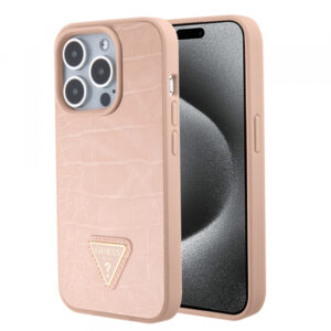 Husa pentru Apple iPhone 15 Pro, Guess, Croco Triangle Metal Logo, Roz Husa pentru Apple iPhone 15 Pro, Guess, Croco Triangle Metal Logo, Roz