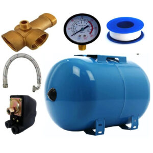 Kit accesorii hidrofor, vas expansiune 24L otel, presostat, manometru, racord 5 cai bronz, furtun racord Inox cu cot 70cm Kit accesorii hidrofor, vas expansiune 24L otel, presostat, manometru, racord 5 cai bronz, furtun racord Inox cu cot 70cm