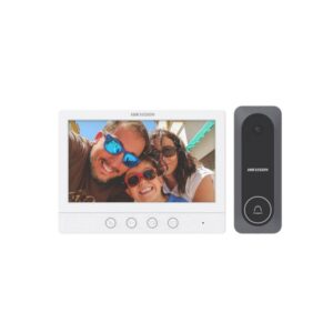Kit videointerfon pe 4 fire Hikvision DS-KIS212, 1 familie, ecran 7 inch, IR 3 m, microfon si difuzor, plug and play, aparent Kit videointerfon pe 4 fire Hikvision DS-KIS212, 1 familie, ecran 7 inch, IR 3 m, microfon si difuzor, plug and play, aparent