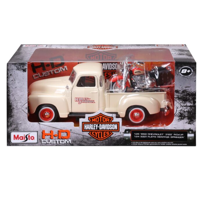 Set masina si motocicleta, Maisto, H-D Custom, 1950 Chevrolet 3100 Pick Up 1:25 si 2001 FLSTS Heritage Springer, 1:24 Set masina si motocicleta, Maisto, H-D Custom, 1950 Chevrolet 3100 Pick Up 1:25 si 2001 FLSTS Heritage Springer, 1:24