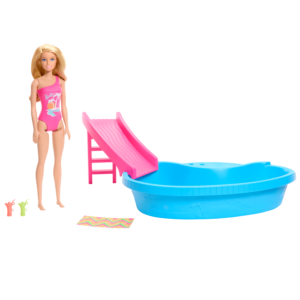 Set de joaca cu papusa Barbie, piscina cu tobogan si accesorii, HRJ74 Set de joaca cu papusa Barbie, piscina cu tobogan si accesorii, HRJ74