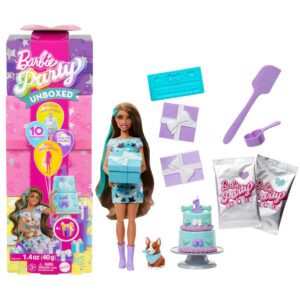 Papusa cu accesorii surpriza Barbie, Party Unboxed, JFG72 Papusa cu accesorii surpriza Barbie, Party Unboxed, JFG72