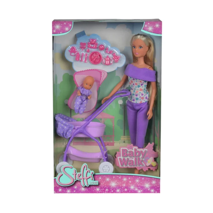 Papusa Steffi Love cu bebe in carucior mov Papusa Steffi Love cu bebe in carucior mov
