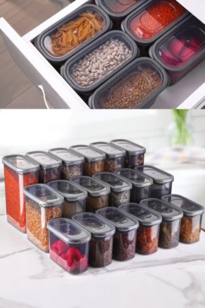 Set 18 cutii de depozitare alimente AKY - Maxi, Gri Set 18 cutii de depozitare alimente AKY - Maxi, Gri