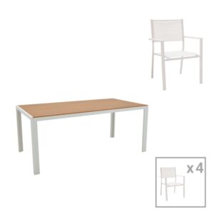 Set de 5 buc masa si scaune de gradina Nares Moly aluminiu alb si placaj culoare naturala 180x90x72.5 cm Set de 5 buc masa si scaune de gradina Nares Moly aluminiu alb si placaj culoare naturala 180x90x72.5 cm