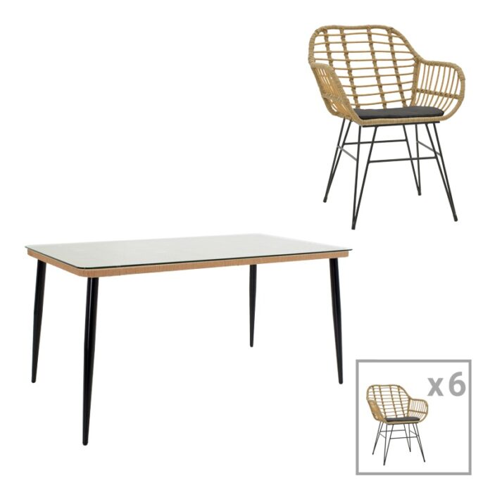 Set de 7 buc masa si scaune de gradina Naoki X ratan natural si metal negru 160x90x78 cm Set de 7 buc masa si scaune de gradina Naoki X ratan natural si metal negru 160x90x78 cm