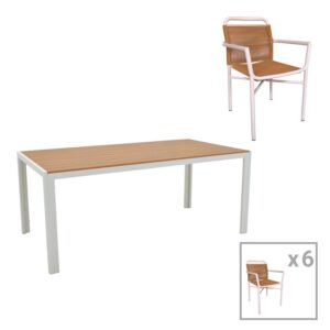 Set de 7 buc masa si scaune de gradina Nares-Clutch B aluminiu alb si placaj in nuanta naturala 180x90x72.5 cm Set de 7 buc masa si scaune de gradina Nares-Clutch B aluminiu alb si placaj in nuanta naturala 180x90x72.5 cm