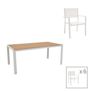 Set de 7 buc masa si scaune de gradina Nares Moly aluminiu alb si placaj culoare naturala 180x90x72.5 cm Set de 7 buc masa si scaune de gradina Nares Moly aluminiu alb si placaj culoare naturala 180x90x72.5 cm