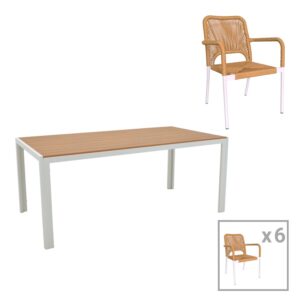 Set de 7 buc masa si scaune de gradina Nares-Norture B aluminiu alb si placaj in nuanta naturala 180x90x72.5 cm Set de 7 buc masa si scaune de gradina Nares-Norture B aluminiu alb si placaj in nuanta naturala 180x90x72.5 cm