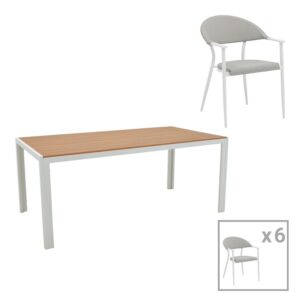 Set de 7 buc masa si scaune de gradina Nares-Pino B aluminiu alb si placaj in nuanta naturala 180x90x72.5 cm Set de 7 buc masa si scaune de gradina Nares-Pino B aluminiu alb si placaj in nuanta naturala 180x90x72.5 cm