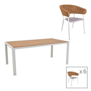 Set de 7 buc masa si scaune de gradina Nares-Raven B aluminiu alb si placaj in nuanta naturala 180x90x72.5 cm Set de 7 buc masa si scaune de gradina Nares-Raven B aluminiu alb si placaj in nuanta naturala 180x90x72.5 cm