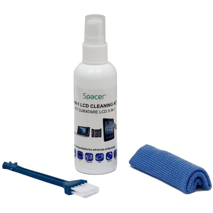 KIT curatare LCD 3-in-1 Spacer SP-CL-01, solutie curatare 100ml, pensula, servetel microfibre KIT curatare LCD 3-in-1 Spacer SP-CL-01, solutie curatare 100ml, pensula, servetel microfibre