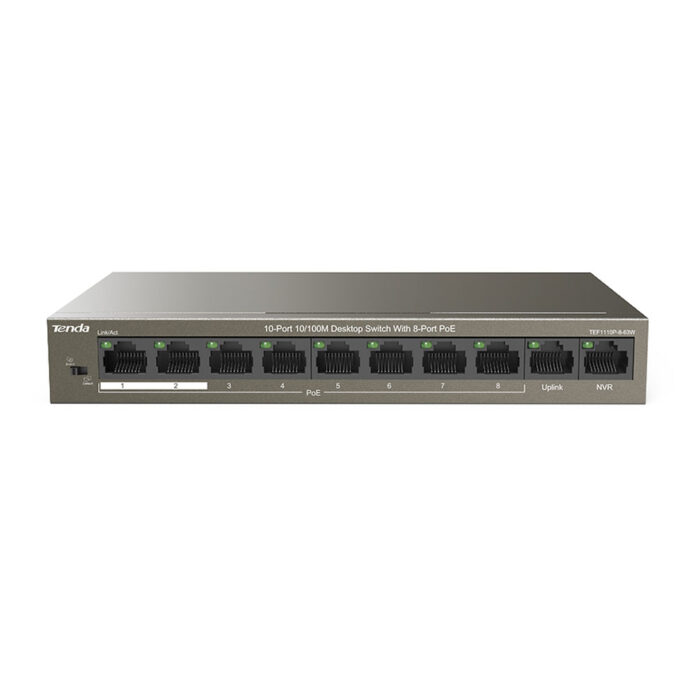 Switch cu 10 porturi Tenda TEF1110P-8-63W, 1.6 Gbps, 1.48 Mpps, 1000 MAC, PoE, fara management Switch cu 10 porturi Tenda TEF1110P-8-63W, 1.6 Gbps, 1.48 Mpps, 1000 MAC, PoE, fara management