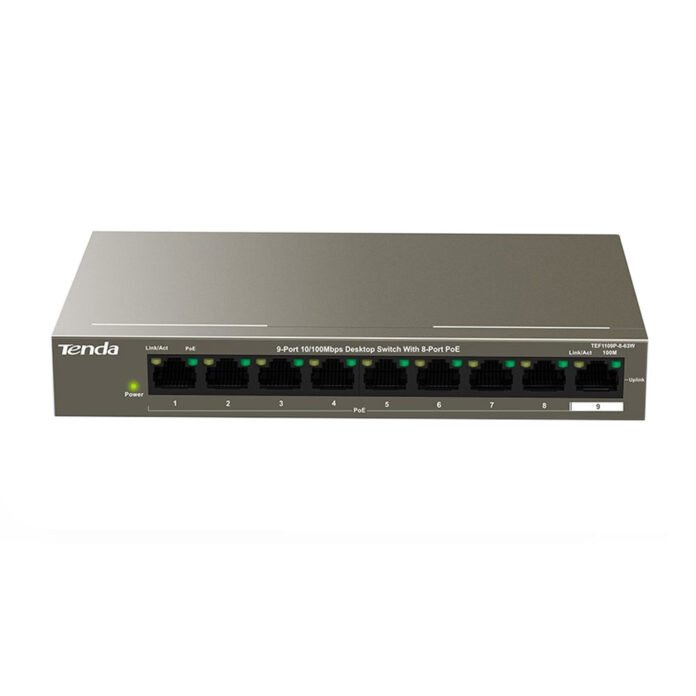 Switch cu 9 porturi Tenda TEF1109P-8-63W, 1.8 Gbps, 1.34 Mpps, 4000 MAC, PoE, fara management Switch cu 9 porturi Tenda TEF1109P-8-63W, 1.8 Gbps, 1.34 Mpps, 4000 MAC, PoE, fara management