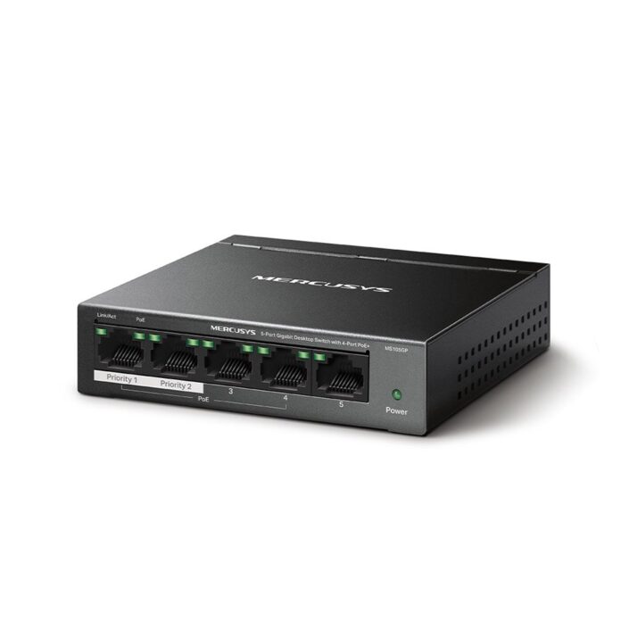 Switch desktop cu 5 porturi Gigabit Mercusys MS105GP, 2000 MAC, fara management, 250 m, PoE+ Switch desktop cu 5 porturi Gigabit Mercusys MS105GP, 2000 MAC, fara management, 250 m, PoE+