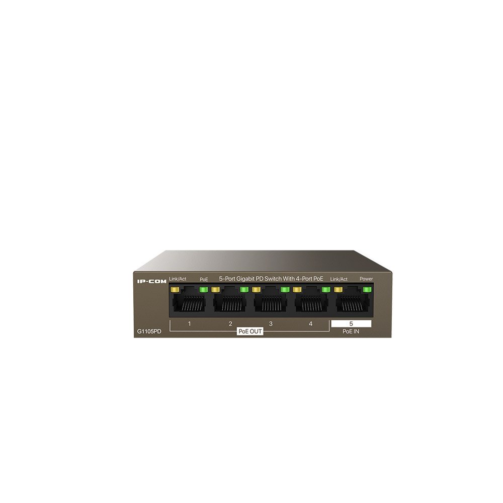Switch PoE Gigabit cu 5 porturi IP-COM G1105PD, 4x PoE OUT, 1x PoE IN, 22 W, 10 Gbps, fara management Switch PoE Gigabit cu 5 porturi IP-COM G1105PD, 4x PoE OUT, 1x PoE IN, 22 W, 10 Gbps, fara management