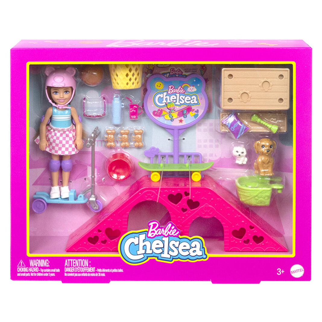 Set de joaca, papusa pe skateboard cu accesorii, Barbie, Chelsea Set de joaca, papusa pe skateboard cu accesorii, Barbie, Chelsea