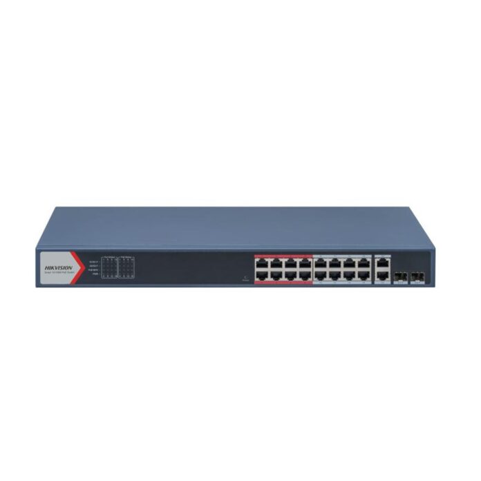 Switch rackabil cu 16 porturi PoE Hikvision DS-3E1318P-EI(B), 9.2 Gbps, 2× porturi SPF Gigabit, buget 230 W, cu management Switch rackabil cu 16 porturi PoE Hikvision DS-3E1318P-EI(B), 9.2 Gbps, 2× porturi SPF Gigabit, buget 230 W, cu management