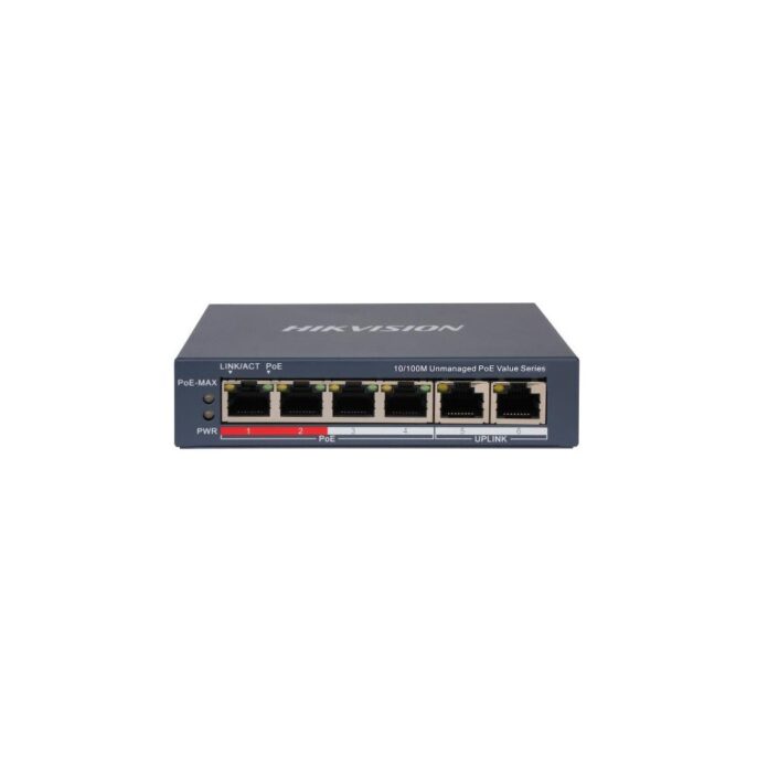 Switch smart cu 4 porturi PoE Hikvision DS-3E0106P-E/M(B), 10/100Mbps, 2x uplink, 2000 MAC, fara management Switch smart cu 4 porturi PoE Hikvision DS-3E0106P-E/M(B), 10/100Mbps, 2x uplink, 2000 MAC, fara management