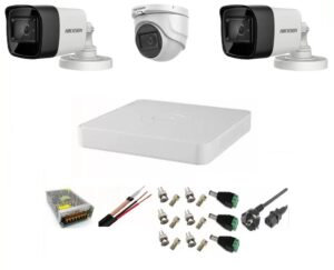 Sistem supraveghere video Hikvision 3 camere 5MP, 2 exterior Turbo HD IR 80 M 1 interior IR 20m cu full accesorii Sistem supraveghere video Hikvision 3 camere 5MP, 2 exterior Turbo HD IR 80 M 1 interior IR 20m cu full accesorii