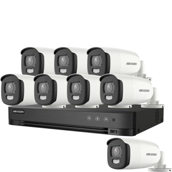 Sistem supraveghere exterior basic HikVision, 8 camere, 5 MP, lumina alba 20 m, 2.8 mm, stroboscop Sistem supraveghere exterior basic HikVision, 8 camere, 5 MP, lumina alba 20 m, 2.8 mm, stroboscop