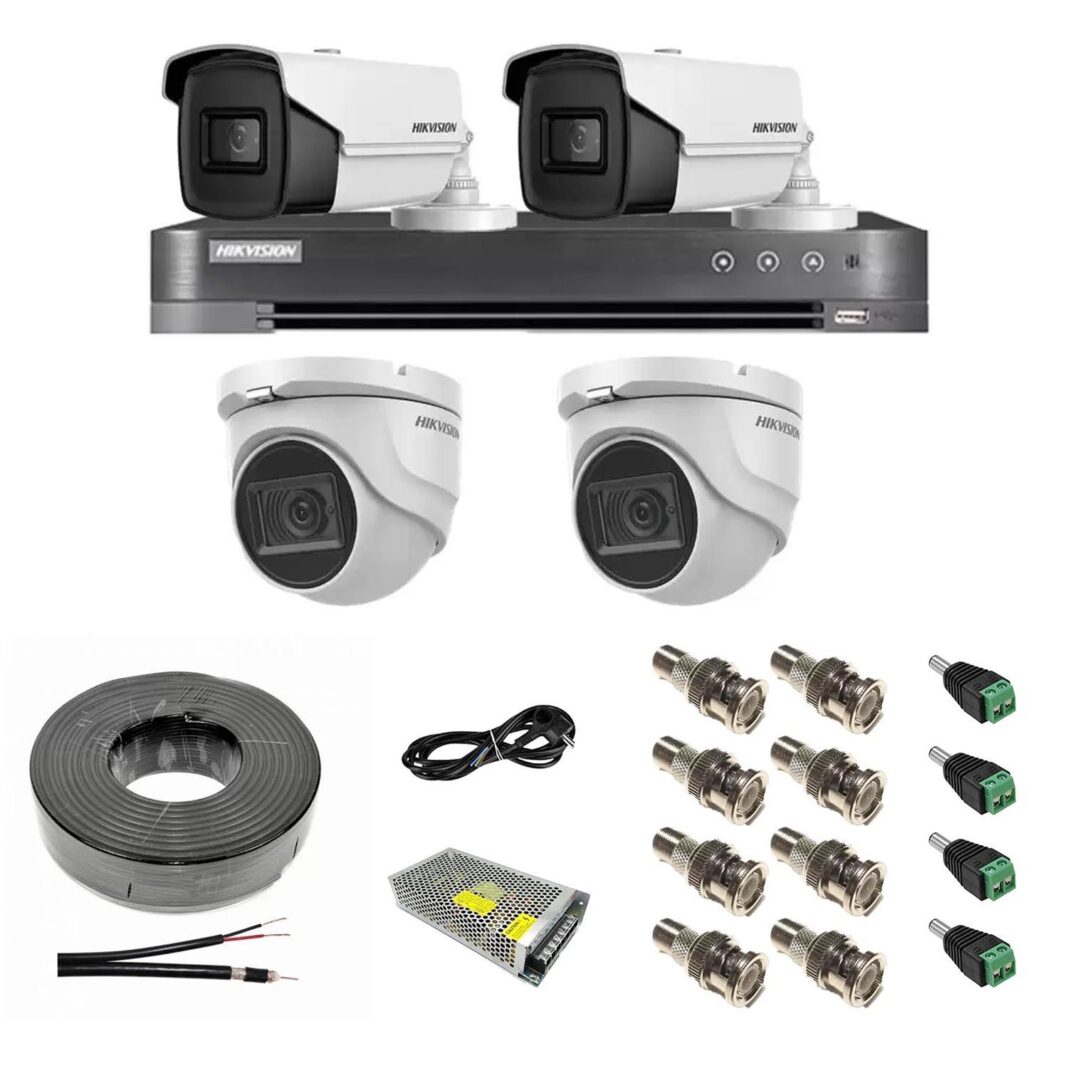 Sistem supraveghere mixt 4 camere: 2 dome 8MP IR 30m, 2 bullet 4 in 1 8MP IR 80m, DVR 4 canale 4K 8MP, accesorii Sistem supraveghere mixt 4 camere: 2 dome 8MP IR 30m, 2 bullet 4 in 1 8MP IR 80m, DVR 4 canale 4K 8MP, accesorii