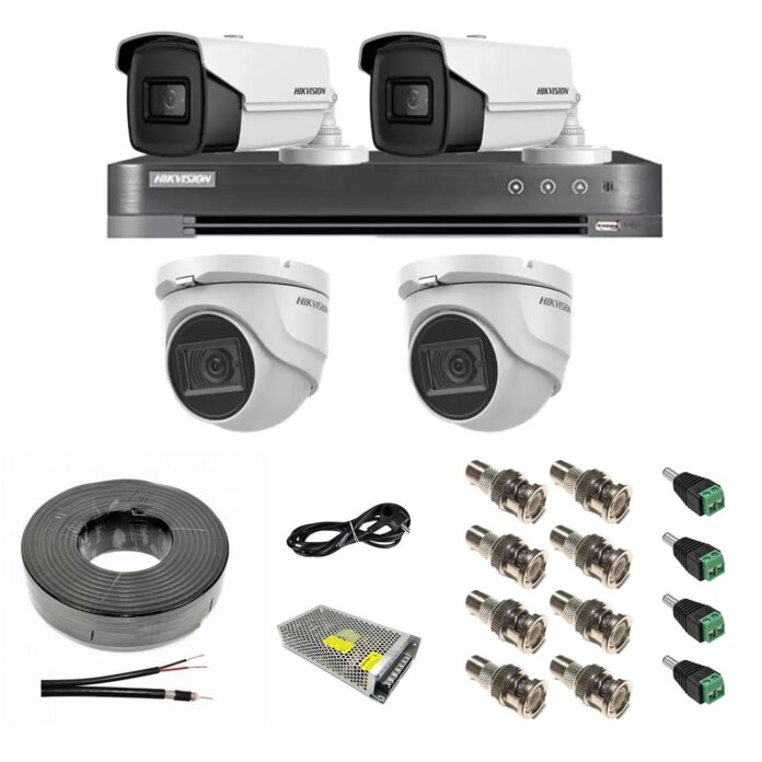 Sistem supraveghere mixt 4 camere: 2 dome 8MP IR 30m, 2 bullet 4 in 1 8MP IR 80m, DVR 4 canale 4K 8MP, accesorii Sistem supraveghere mixt 4 camere: 2 dome 8MP IR 30m, 2 bullet 4 in 1 8MP IR 80m, DVR 4 canale 4K 8MP, accesorii