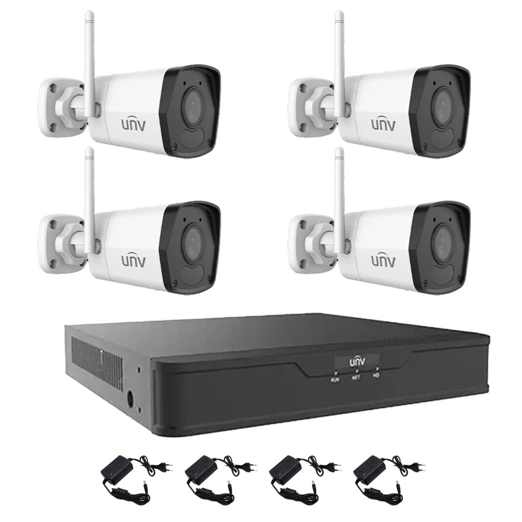 Sistem supraveghere 4 camere Wi-Fi IP 2MP, Smart IR 30m, microfon integrat, NVR 4 canale 4K UNV, accesorii Sistem supraveghere 4 camere Wi-Fi IP 2MP, Smart IR 30m, microfon integrat, NVR 4 canale 4K UNV, accesorii