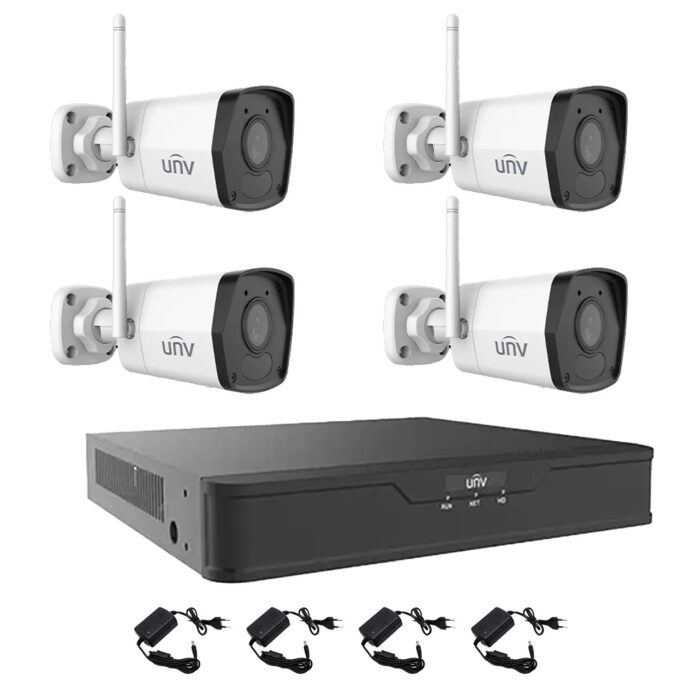 Sistem supraveghere 4 camere Wi-Fi IP 2MP, Smart IR 30m, microfon integrat, NVR 4 canale 4K UNV, accesorii Sistem supraveghere 4 camere Wi-Fi IP 2MP, Smart IR 30m, microfon integrat, NVR 4 canale 4K UNV, accesorii