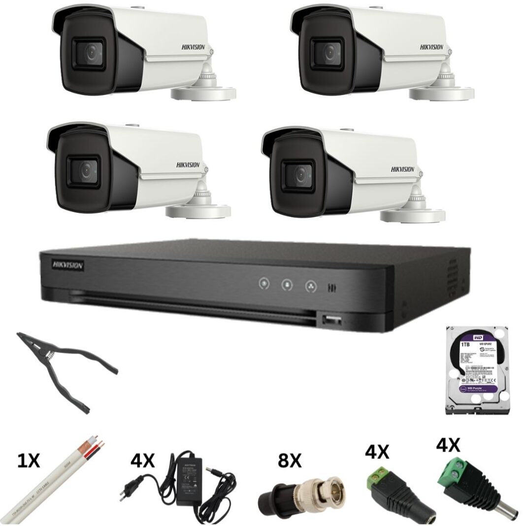 Sistem de supraveghere Hikvision cu 4 camere 8 Megapixeli, Infrarosu 60m, DVR 4 canale 8 Megapixeli, Hard, Accesorii Sistem de supraveghere Hikvision cu 4 camere 8 Megapixeli, Infrarosu 60m, DVR 4 canale 8 Megapixeli, Hard, Accesorii