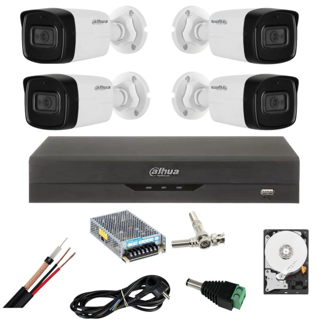Sistem de supraveghere Dahua cu 4 camere 5 Megapixeli, Infrarosu 80m, Microfon, DVR 4 canale 5 Megapixeli, Hard 1TB, Accesorii Sistem de supraveghere Dahua cu 4 camere 5 Megapixeli, Infrarosu 80m, Microfon, DVR 4 canale 5 Megapixeli, Hard 1TB, Accesorii
