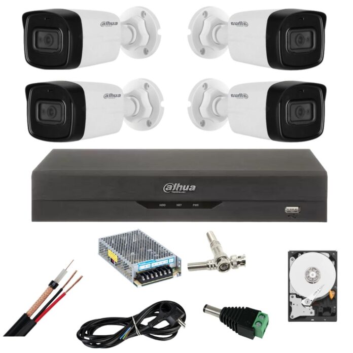 Sistem de supraveghere Dahua cu 4 camere 5 Megapixeli, Infrarosu 80m, Microfon, DVR 4 canale 5 Megapixeli, Hard 1TB, Accesorii Sistem de supraveghere Dahua cu 4 camere 5 Megapixeli, Infrarosu 80m, Microfon, DVR 4 canale 5 Megapixeli, Hard 1TB, Accesorii