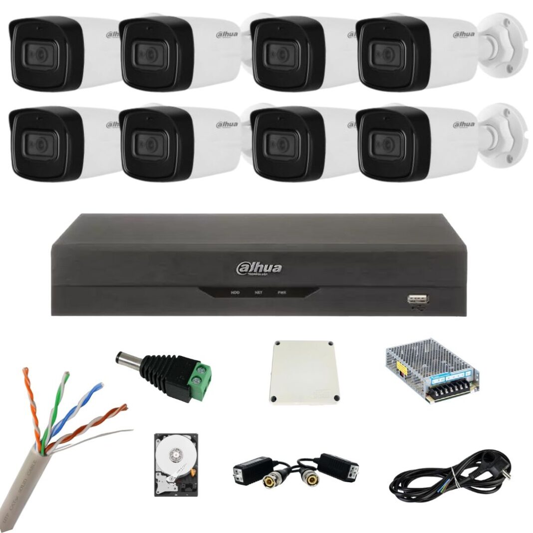 Sistem de supraveghere cu 8 camere Dahua de 8 Megapixeli, IR 80m, Microfon, DVR Dahua de 8 canale 8MP, Hard, Accesorii Sistem de supraveghere cu 8 camere Dahua de 8 Megapixeli, IR 80m, Microfon, DVR Dahua de 8 canale 8MP, Hard, Accesorii