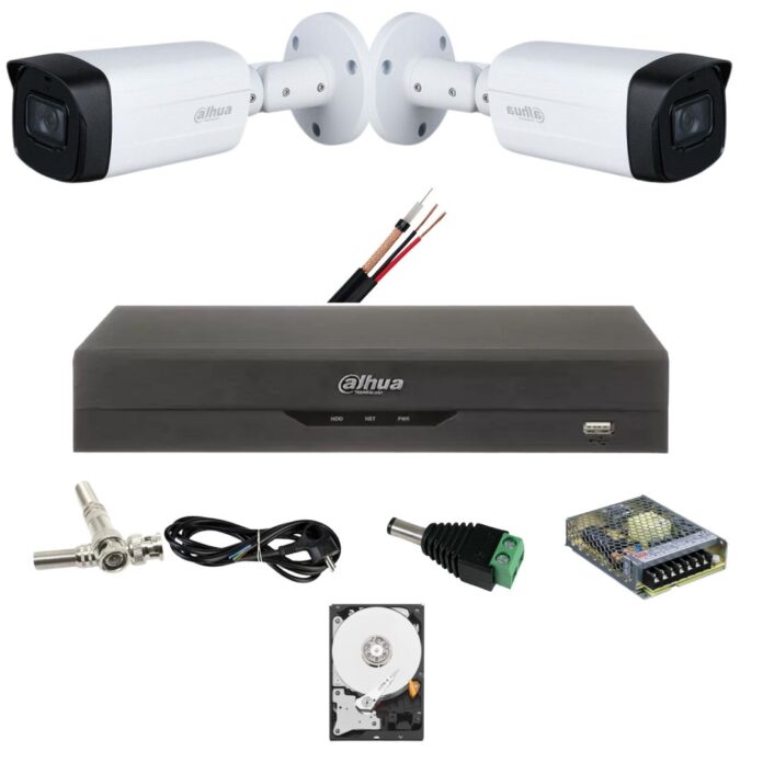 Kit 2 camere supraveghere Dahua 5 MP, IR 80M, lentila 3.6mm, Starlight, DVR Dahua 4 canale, 5 MP, Accesorii Kit 2 camere supraveghere Dahua 5 MP, IR 80M, lentila 3.6mm, Starlight, DVR Dahua 4 canale, 5 MP, Accesorii