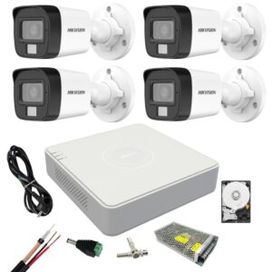 Kit supraveghere Hikvision 4 camere Dual Light, 2MP Lumina alba 20m IR 30m DVR 4 canale 4 MP lite Hard 500, accesorii Kit supraveghere Hikvision 4 camere Dual Light, 2MP Lumina alba 20m IR 30m DVR 4 canale 4 MP lite Hard 500, accesorii