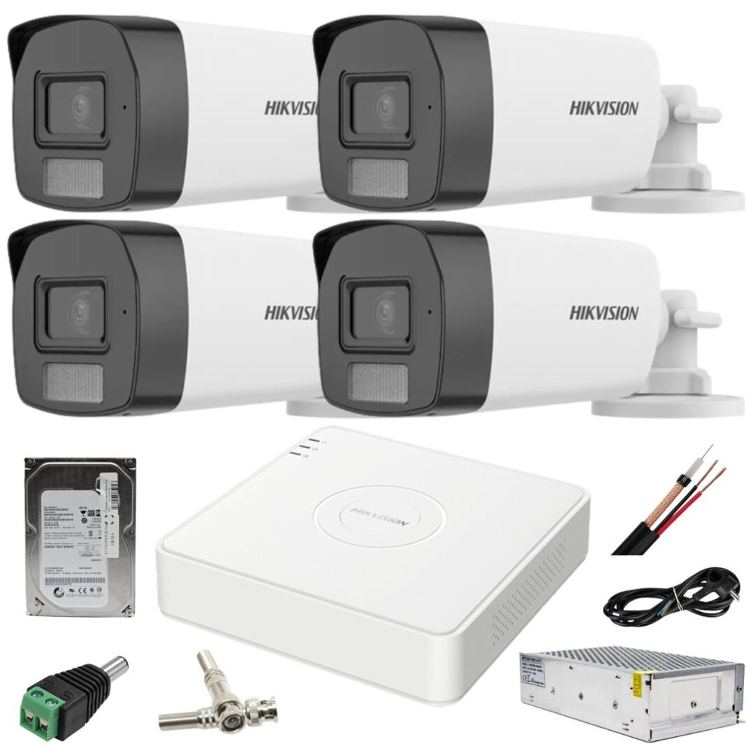 Sistem supraveghere Hikvision 4 camere 2MP Dual Light IR 40m WL 40m DVR 4MP AcuSense cu accesorii incluse HDD 500GB Sistem supraveghere Hikvision 4 camere 2MP Dual Light IR 40m WL 40m DVR 4MP AcuSense cu accesorii incluse HDD 500GB