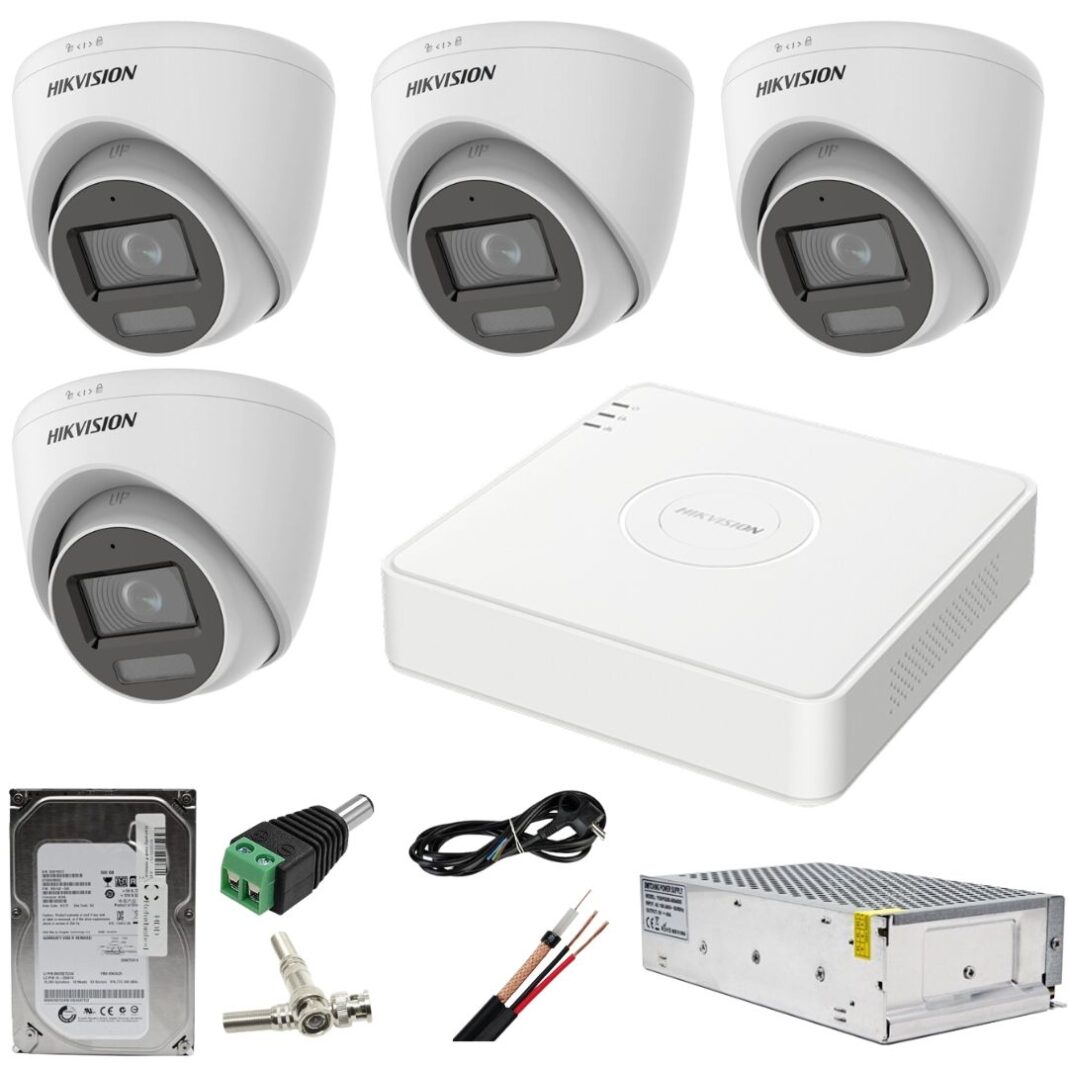 Sistem supraveghere Hikvision 4 camere 2MP Dual Light WL 20m IR 40m DVR 4MP AcuSense cu accesorii incluse HDD 500GB Sistem supraveghere Hikvision 4 camere 2MP Dual Light WL 20m IR 40m DVR 4MP AcuSense cu accesorii incluse HDD 500GB