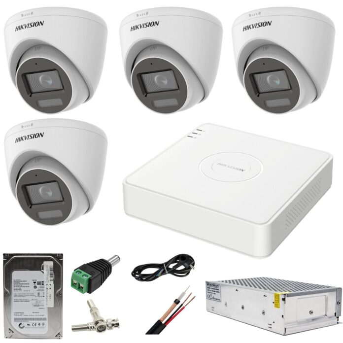 Sistem supraveghere Hikvision 4 camere 2MP Dual Light WL 20m IR 40m DVR 4MP AcuSense cu accesorii incluse HDD 500GB Sistem supraveghere Hikvision 4 camere 2MP Dual Light WL 20m IR 40m DVR 4MP AcuSense cu accesorii incluse HDD 500GB