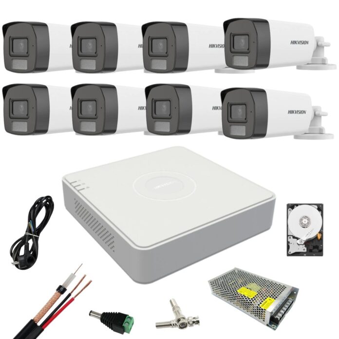 Kit supraveghere Hikvision 8 camere Dual Light 5 MP Lumina alba 40 IR 40 DVR 8 canale 4 MP Hard, Accesorii incluse Kit supraveghere Hikvision 8 camere Dual Light 5 MP Lumina alba 40 IR 40 DVR 8 canale 4 MP Hard, Accesorii incluse