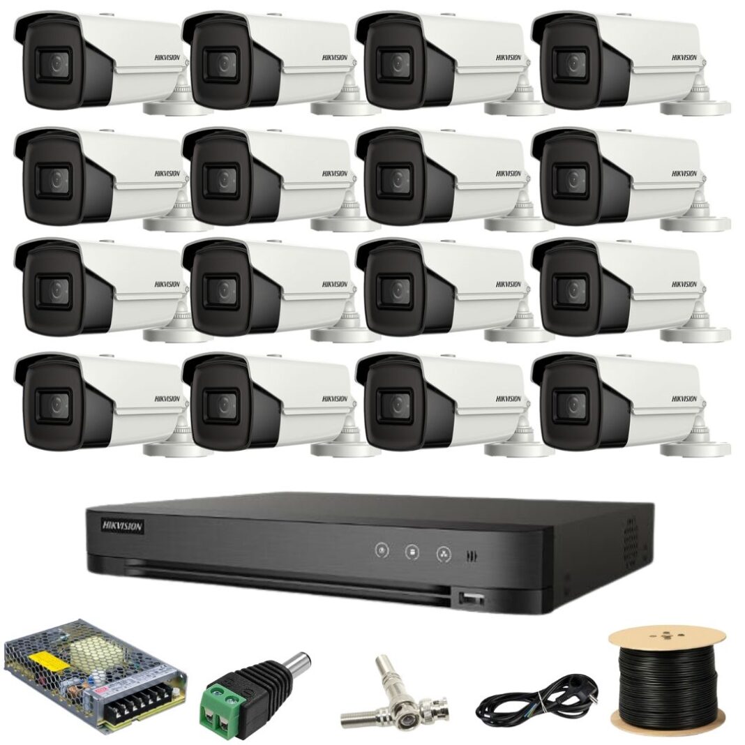 Kit supraveghere Hikvision 16 camere 8MP IR 80M DVR 16 canale AcuSense cu accesorii incluse Kit supraveghere Hikvision 16 camere 8MP IR 80M DVR 16 canale AcuSense cu accesorii incluse