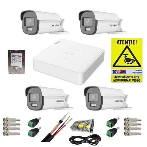 Sistem supraveghere complet Hikvision 4 camere 2MP Dual Light IR 40m Lumina Alba 40m ColorVu Microfon, DVR 4 canale 2MP, accesorii, HDD 1TB + CADOU autocolant Rovision Sistem supraveghere complet Hikvision 4 camere 2MP Dual Light IR 40m Lumina Alba 40m ColorVu Microfon, DVR 4 canale 2MP, accesorii, HDD 1TB + CADOU autocolant Rovision