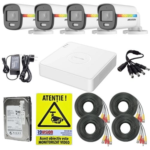Sistem supraveghere Hikvision, 4 camere ColorVu 2MP Lumina Alba 20m Audio, DVR 4 canale 2MP Audio, Accesorii, HDD 500GB, Autocolant Rovision