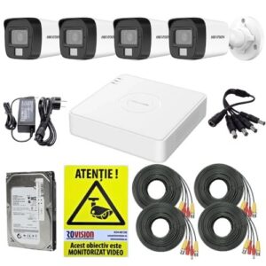 Sistem supraveghere complet Hikvision, 4 camere 5MP 3K Dual Light Audio, DVR 4 canale 3K 5MP, Accesorii, HDD 500GB, Autocolant Rovision Sistem supraveghere complet Hikvision, 4 camere 5MP 3K Dual Light Audio, DVR 4 canale 3K 5MP, Accesorii, HDD 500GB, Autocolant Rovision
